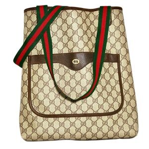 GUCCI SIGNATURE Beige Tote With Red And Green Straps Gorgeous